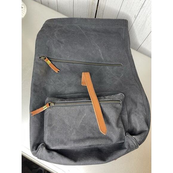 Madewell Black Navy Canvas Brown Leather Straps Backpack Bag Minimalist Boho - Picture 5 of 8